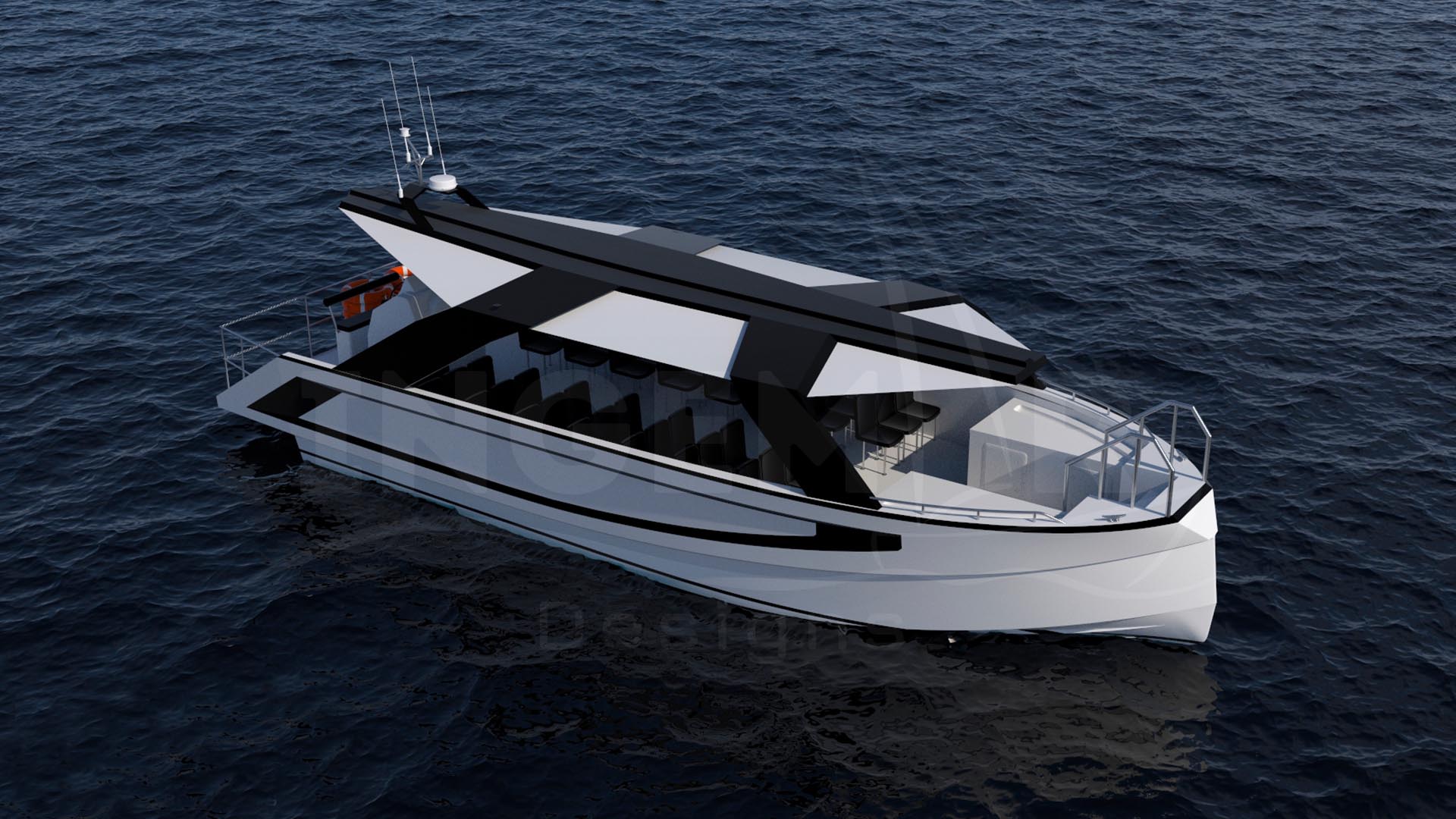 Render del diseño de barco de pasaje de 12m de eslora, 4,80m de manga y 1,75m de puntal diseñado en Ingemar Naval